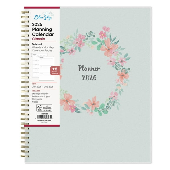Blue Sky 2026 Weekly and Monthly Planner Calendar, January 2026 - December 2026, 8.5" x 11", Flexible Cover, Laminated Tabs, Durable Twin Wire Binding, Storage Pocket, Laurel