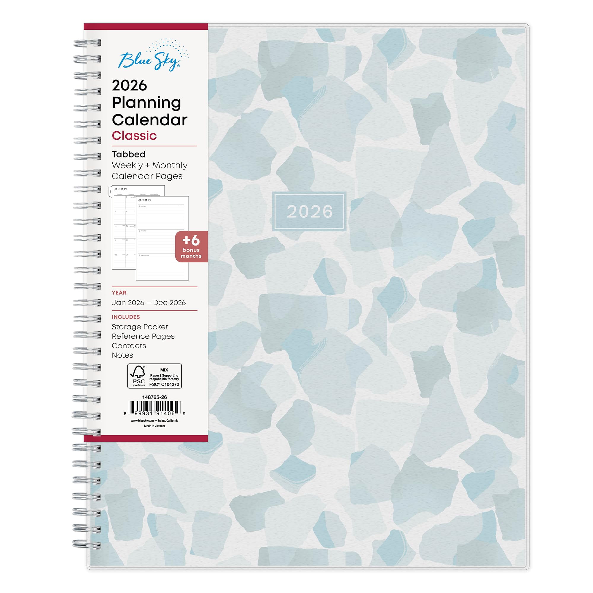 Blue Sky 2026 Weekly and Monthly Planner Calendar, January 2026 - December 2026, 8.5" x 11", Flexible Frosted Cover, Laminated Tabs, Durable Twin Wire Binding, Storage Pocket, Amitza