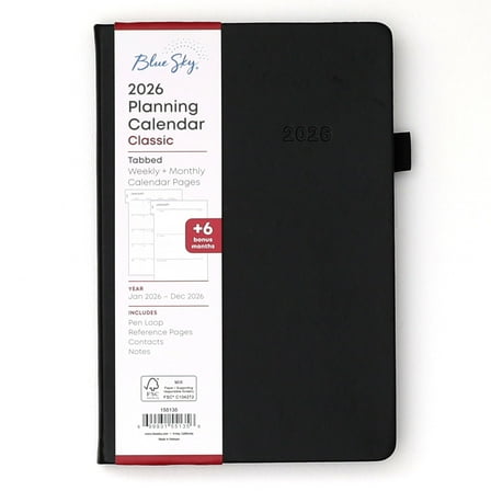 Blue Sky 2026 Weekly and Monthly Planner Calendar, January 2026 - December 2026, 5" x 8", Faux Leather Hard Cover, Bookbound, Tabs, Pen Loop, Black