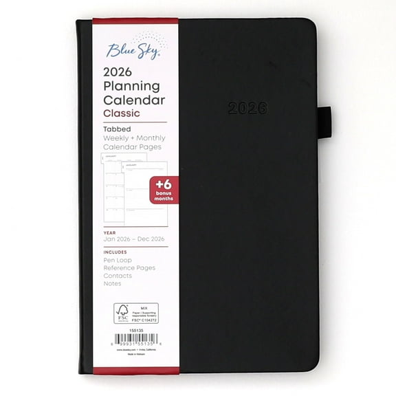 Blue Sky 2026 Weekly and Monthly Planner Calendar, January 2026 - December 2026, 5" x 8", Faux Leather Hard Cover, Bookbound, Tabs, Pen Loop, Black
