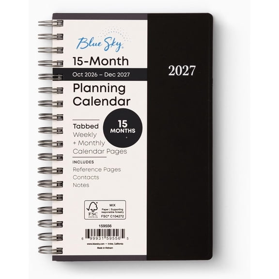 Blue Sky 2027 15-Month Weekly and Monthly Mini Planner Calendar, Includes October 2026 - December 2027, 3.625" x 6.125", Flexible Cover, Wirebound, Laminated Tabs, Enterprise