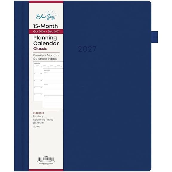 Blue Sky 2027 15-Month Weekly and Monthly Planner Calendar, October 2026 - December 2027, 8.5 x 11, Faux Leather Wrapped Greyboard Cover, Bookbound, Penloop and Extra 17 Sheets of Notes, Soft Blue