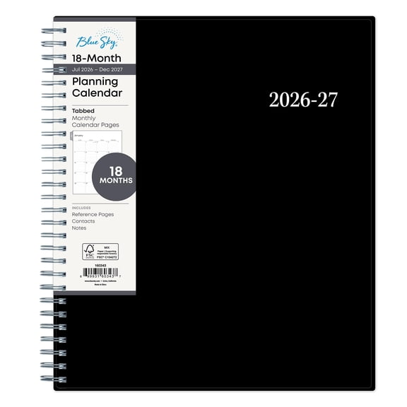 Blue Sky 2027 18 Month Monthly Planner Calendar, July 2026 - December 2027, 8" x 10", Monthly Layout, Flexible Cover, Silver Wirebound, Laminated Tabs, Enterprise