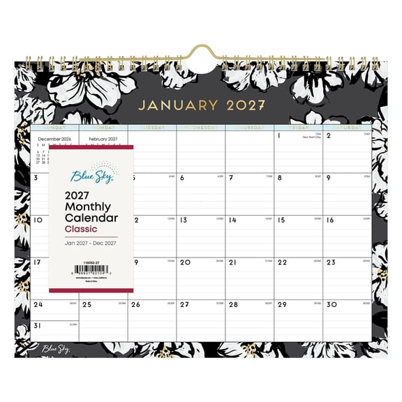Blue Sky 2027 Monthly Wall Calendar, January 2027 - December 2027, Durable Twin Wire Binding, 11" x 8.75", Perfect For Home, Office And Classrooms, Baccara Dark