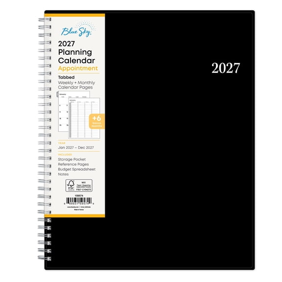 Blue Sky 2027 Weekly and Monthly Appointment Planner Calendar, January 2027 - December 2027, 8.5" x 11", With 15-Minute Blocks, Flexible Cover, Wirebound, Laminated Tabs, Storage Pocket, Enterprise
