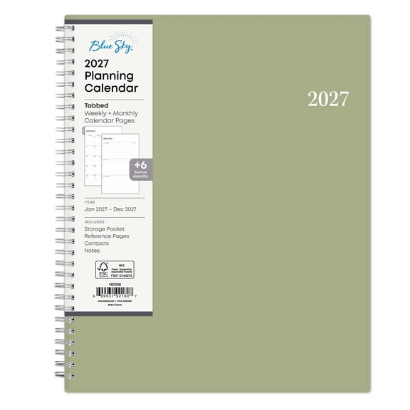 Blue Sky 2027 Weekly and Monthly Planner Calendar, Includes January 2027 - December 2027, 8.5" x 11", Flexible Cover, Wirebound, Laminated Tabs, Storage Pocket, Enterprise Sage Green
