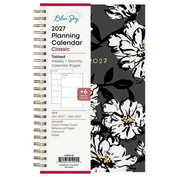 Blue Sky 2027 Weekly and Monthly Planner Calendar, January 2027 - December 2027, 5" x 8", Clear Pocket Cover, Laminated Tabs, Durable Twin Wire Binding, Baccara Dark