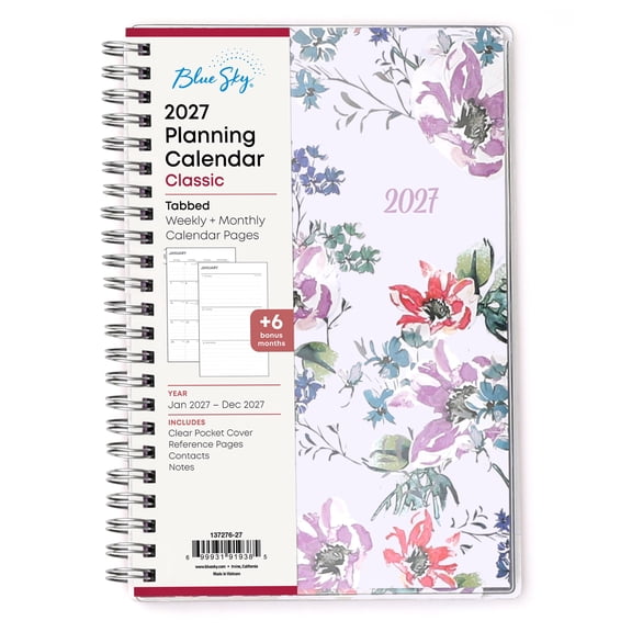 Blue Sky 2027 Weekly and Monthly Planner Calendar, January 2027 - December 2027, 5" x 8", Clear Pocket Cover, Laminated Tabs, Durable Twin Wire Binding, Laila