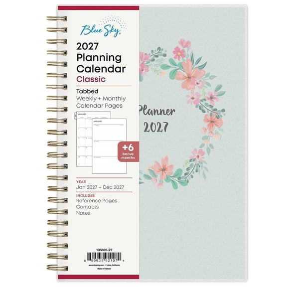 Blue Sky 2027 Weekly and Monthly Planner Calendar, January 2027 - December 2027, 5" x 8", Flexible Frosted Cover, Laminated Tabs, Durable Twin Wire Binding, Laurel