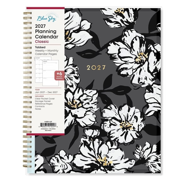Blue Sky 2027 Weekly and Monthly Planner Calendar, January 2027 - December 2027, 8.5" x 11", Clear Pocket Cover, Laminated Tabs, Durable Twin Wire Binding, Storage Pocket, Baccara Dark