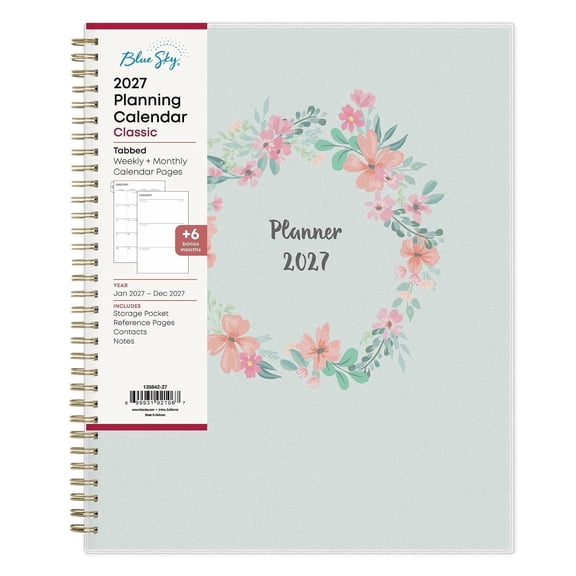 Blue Sky 2027 Weekly and Monthly Planner Calendar, January 2027 - December 2027, 8.5" x 11", Flexible Cover, Laminated Tabs, Durable Twin Wire Binding, Storage Pocket, Laurel