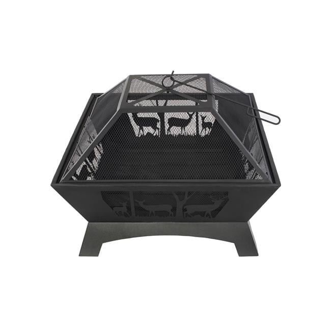 Black Steel 28" Square Wood-Burning Fire Pit with Decorative Cutouts