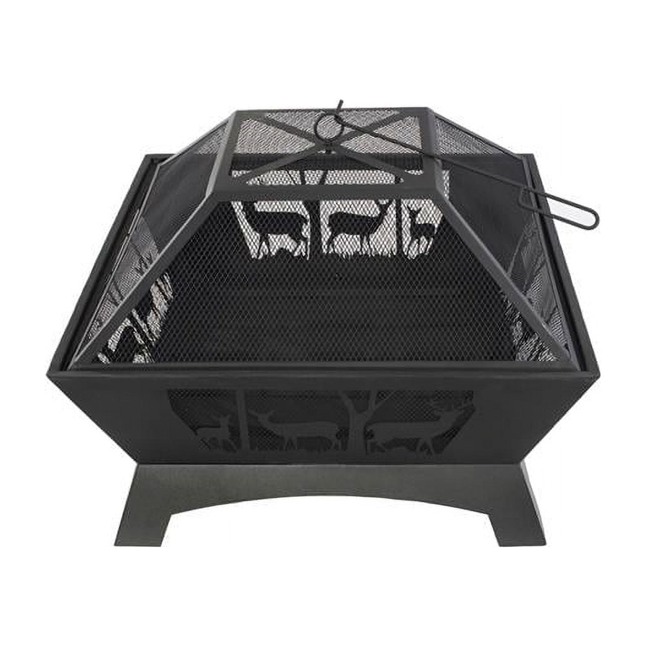 Black Steel 28" Square Wood-Burning Fire Pit with Decorative Cutouts