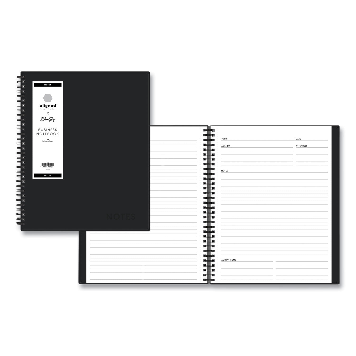 Blue Sky Aligned Business Notebook, Narrow Rule, Black Cover, 11x8.5, 78 Sheets