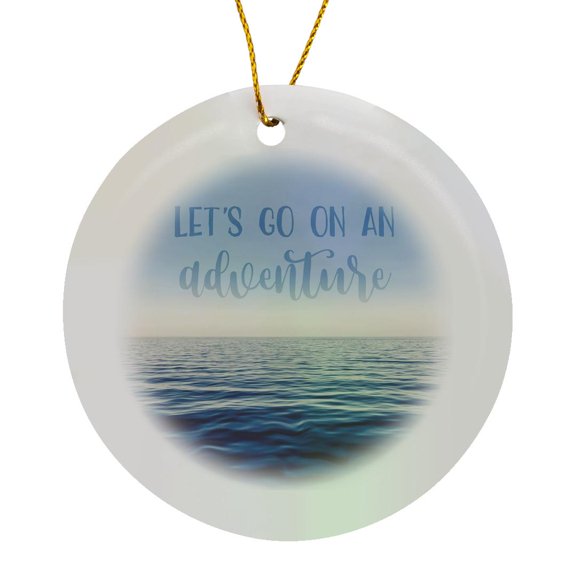 3drose, Blue Sky and Ocean and Text Let Us Go on an Adventure, Circle Porcelain Ornament