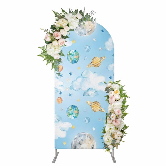 Blue Sky Arch Backdrop Cover 5FT, Cartoon Cute Planets Universe Star Cloud Spandex Fitted Stretchy Arch Stand Covers, Round Top Chiara Backdrop Cover for Wedding Party Birthday Baby Shower
