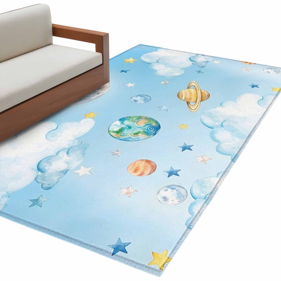 Blue Sky Area Rug 4x6 Washable Rug Non Slip Cartoon Cute Planets Universe Star Cloud Large Area Rug Indoor Floor Carpet for Entryway Bedroom Kitchen Living Room Home Office Dining Room Nursery