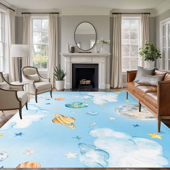 Blue Sky Area Rugs 5'x8', Washable Small Throw Rugs for Classroom Bedroom, Cartoon Cute Planets Universe Star Cloud Indoor Outdoor Rug Non-Slip Low Pile Carpet Runner Reversible Floor Mats