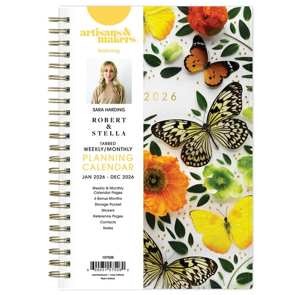 Blue Sky Artisans & Makers Sara Harding 2026 Weekly and Monthly Planner, January 2026 - December 2026, 5" x 8", Flexible Cover, Durable Wire Binding, Laminated Tabs, Pocket, Stickers, Butterflies