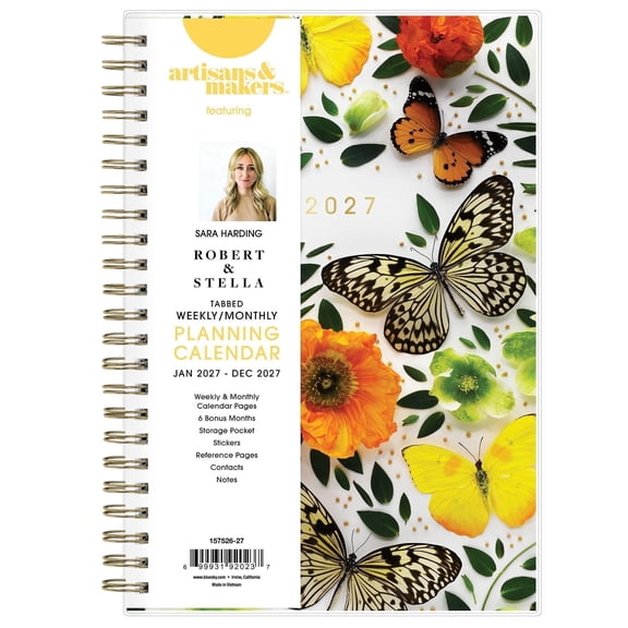 Blue Sky Artisans & Makers Sara Harding 2027 Weekly and Monthly Planner, January 2027 - December 2027, 5" x 8", Flexible Cover, Durable Wire Binding, Laminated Tabs, Pocket, Stickers, Butterflies