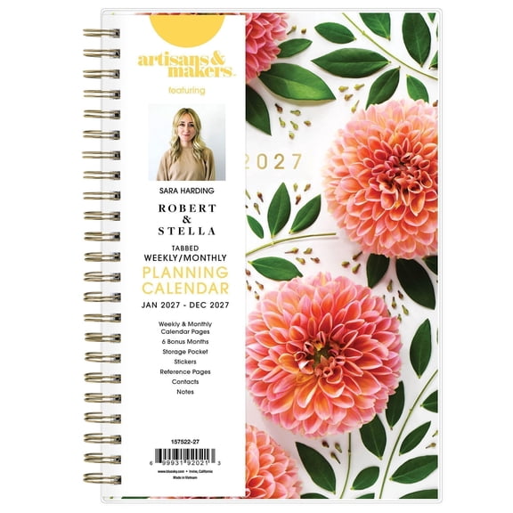 Blue Sky Artisans & Makers Sara Harding 2027 Weekly and Monthly Planner, January 2027 - December 2027, 5" x 8", Flexible Cover, Durable Wire Binding, Laminated Tabs, Pocket, Stickers, Bright Dahlias
