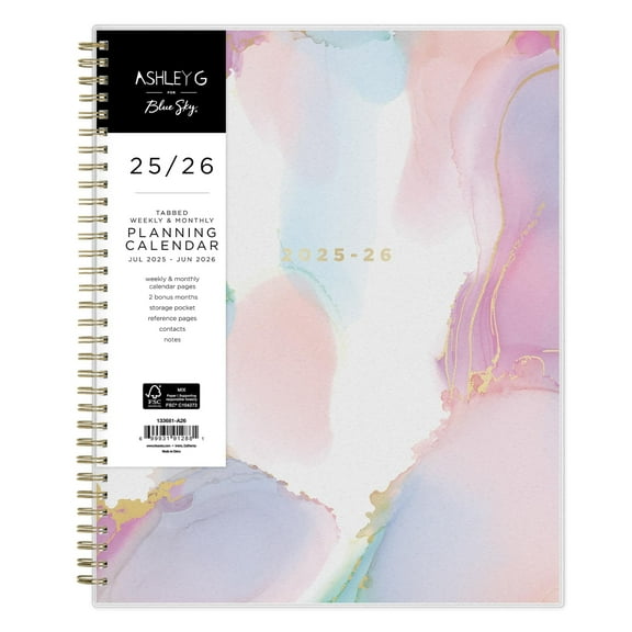 Blue Sky Ashley G 2025-2026 Weekly and Monthly Academic Year Planner Calendar, July 2025 - June 2026, 8.5" x 11", Flexible Cover, Wirebound, Laminated Tabs, Multi Color Smoke