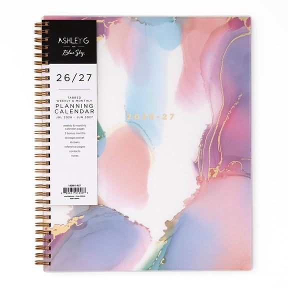 Blue Sky Ashley G 2026-2027 Weekly and Monthly Academic Year Planner Calendar, July 2026 - June 2027, 8.5" x 11", Flexible Cover, Wirebound, Storage Pocket, Includes Sticker Sheet, Multi Color Smoke
