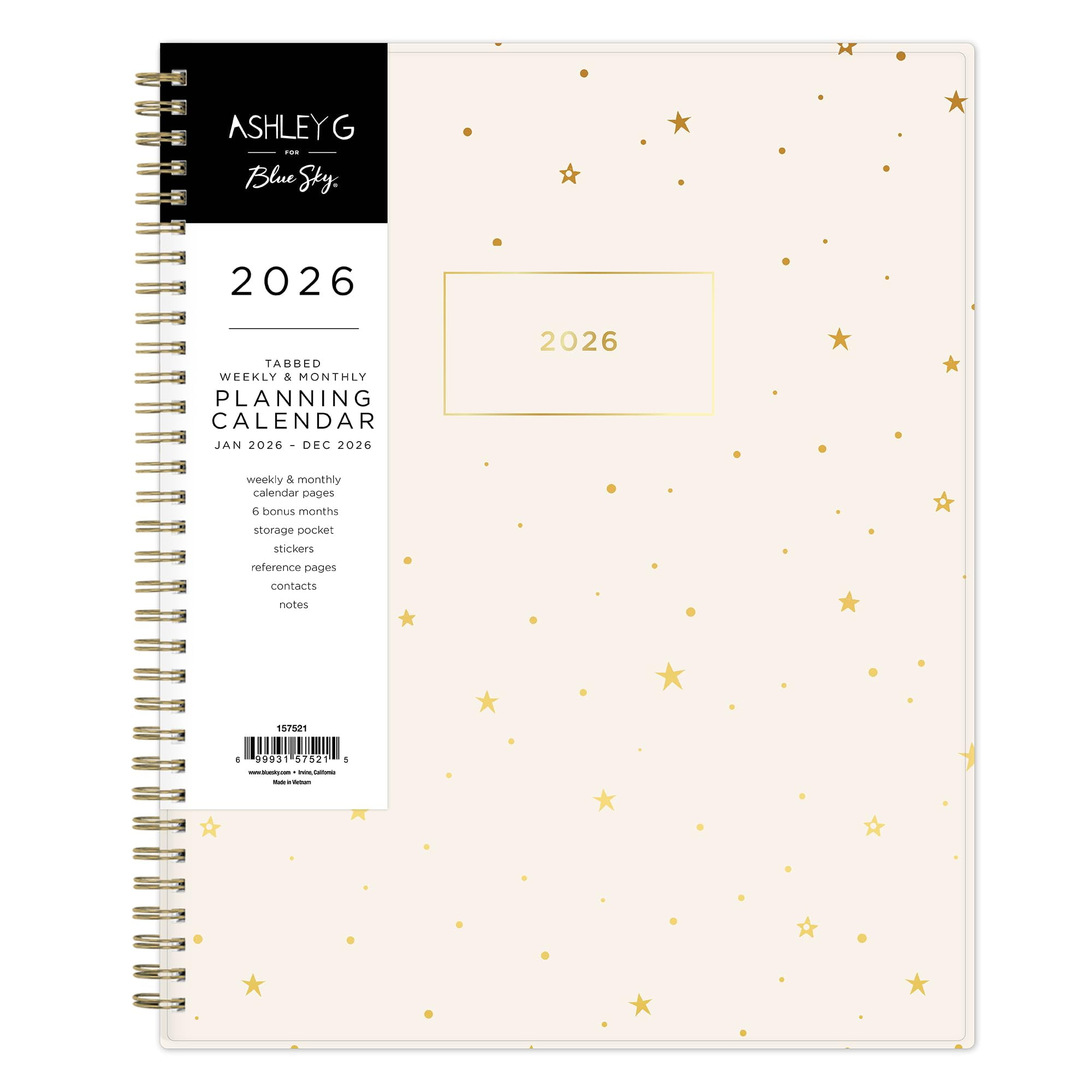 Blue Sky Ashley G 2026 Weekly and Monthly Planner Calendar, January 2026 - December 2026, 8.5" x 11", Flexible Cover, Wirebound, Laminated Tabs, Pocket & Stickers, Shooting Stars Cream