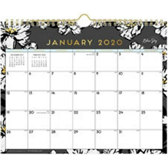 Blue Sky Baccara Dark Floral Monthly Wall Calendar, Black & Gold