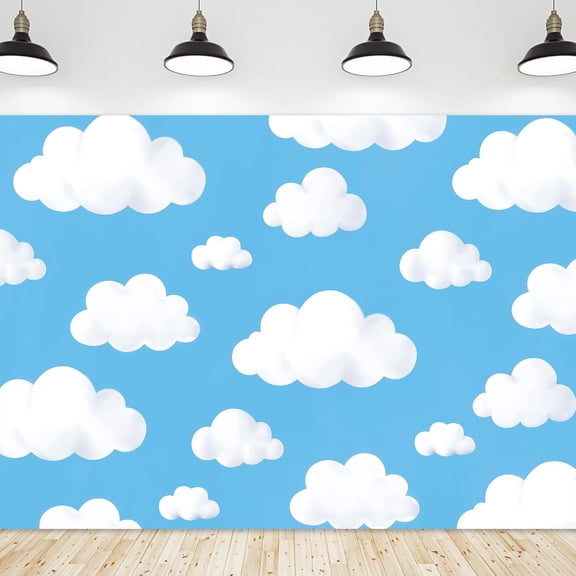 Blue Sky Backdrop White Cloud Cartoon Natural Scenery Birthday Background for Boys Girls Watercolor Cloud Birthday Party Decorations Banner Supplies Photo Booth Props