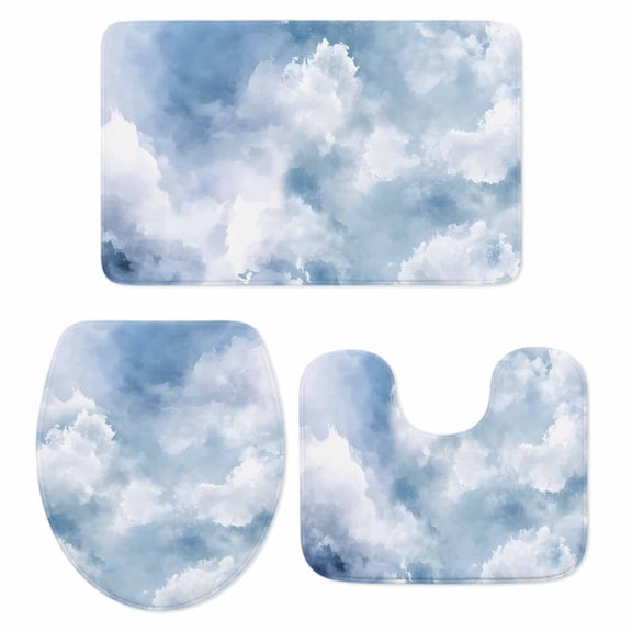 Blue Sky Bath Mat 3 Piece Bathroom Rug Set, Cloud Gradient Natural Landscape Scenery Non Slip Bath Rug Contour Mat and Toilet Lid Cover, Absorbent Shower Mats Soft Bath Rugs and Mats Sets