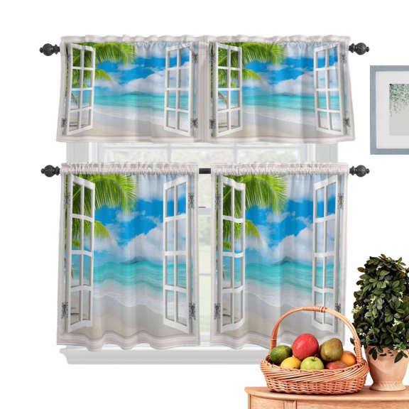 Blue Sky Beach Kitchen Curtains Valances 3 Piece Set, Coconut Trees Island Windows View Rod Pocket Tier Curtain and Valance Drapes for Small Window 24 Inch Length for Bedroom Cafe