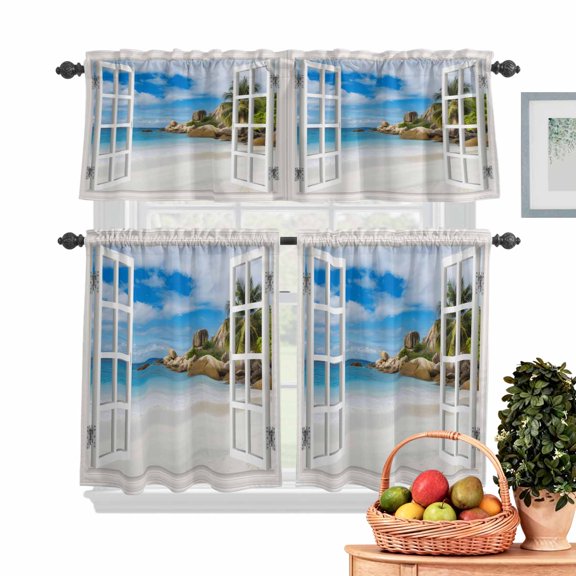 Blue Sky Beach Kitchen Curtains Valances 3 Piece Set, Coconut Trees Seascape Windows View Rod Pocket Tier Curtain and Valance Drapes for Small Window 24 Inch Length for Bedroom Cafe