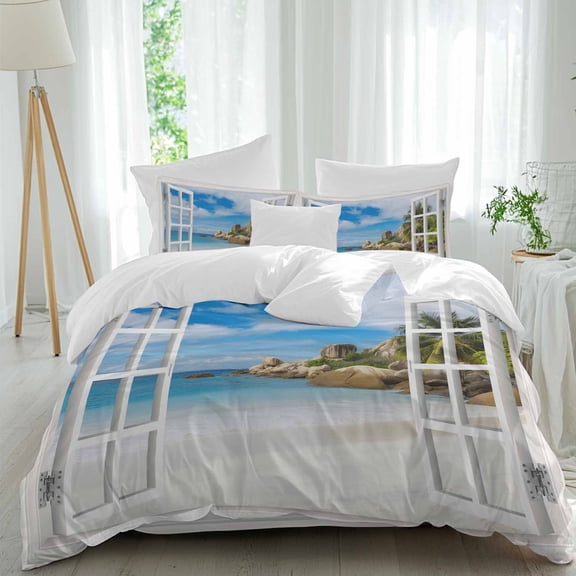 Blue Sky Beach Queen Size Comforter Set, Coconut Trees Seascape Windows View Bedding for All Seasons, 4 Pcs Bed Set, 1Quiltcover (90"x92") ,1Sheet(94"x116"), 2Pillowcases (30"x20")