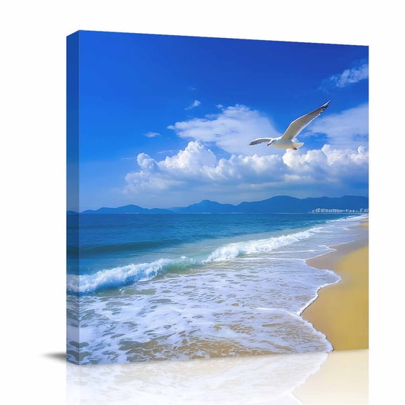 Blue Sky Beach Seagull Canvas Wall Art for Living Room, Vintage Blue Ocean Sandy Bird Waves Cloud Poster Print Painting for Bedroom Office Home Decoration Wall Pictures Prepare To Hang 8"x8"