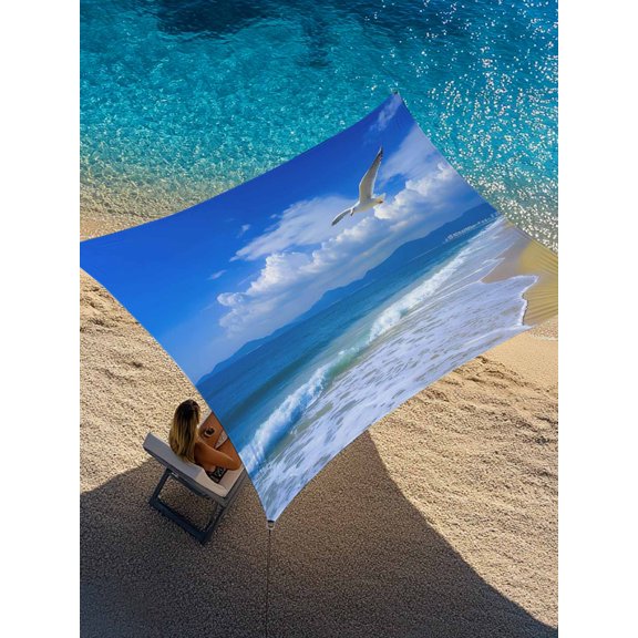 Blue Sky Beach Seagull Sun Shade Sail 14' x 18', Vintage Blue Ocean Sandy Bird Waves Cloud Rectangle Outdoor Sunshade Canopy, Waterproof UV Block Patio Covers for Garden Yard Beach