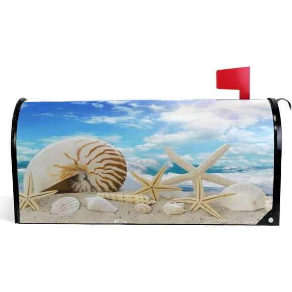 Blue Sky Beach Seashells Mailbox Cover Ocean Sea Starfishs Mailbox Covers Magnetic Large Size 25.5" X 21" Mailbox Wraps Post Letter Box Cover Garden Decorations