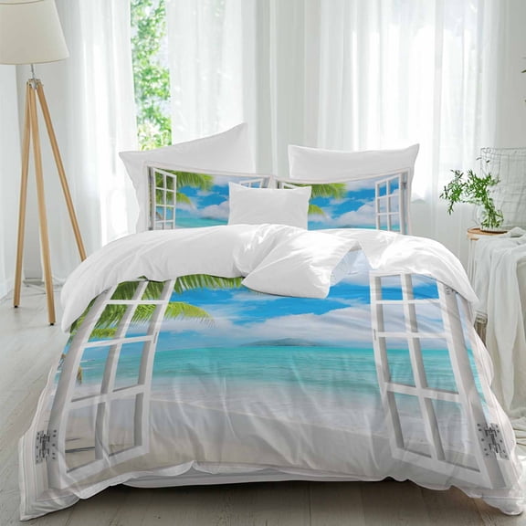 Blue Sky Beach Twin Size Comforter Set, Coconut Trees Island Windows View Bedding for All Seasons, 4 Pcs Bed Set, 1 Quiltcover (68"x86") ,1Sheet(67"x116"), 2Pillowcases (30"x20")