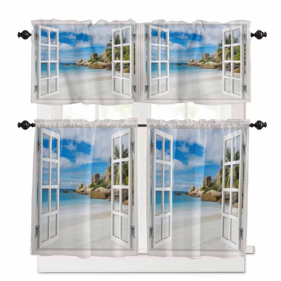 Blue Sky Beach Window Curtains Valance Set of 3 Coconut Trees Seascape Windows View Rod Pocket Small Kitchen Curtain, Soft Window Treatment for Bedroom Party Holiday Decor