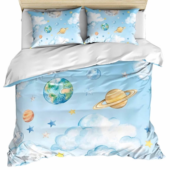 Blue Sky Bedding 3 Piece Duvet Cover Set Twin Size, Cartoon Cute Planets Universe Star Cloud Soft Microfiber Comforter Cover with Zipper Closure & Pillowcases, Wrinkle & FadeResistant Quilt Cover