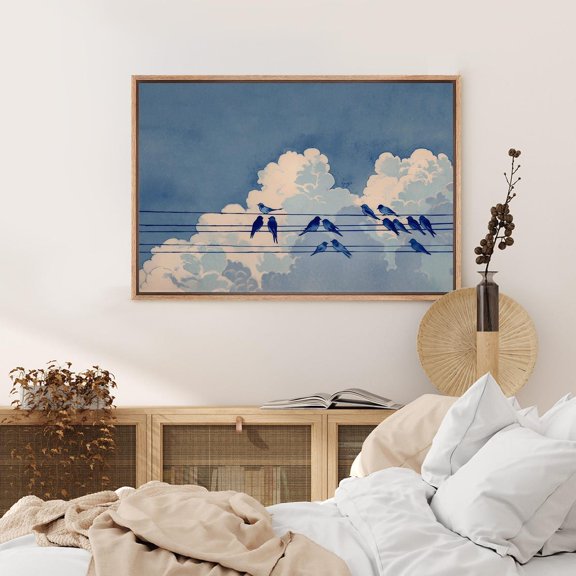 Blue Sky Birds On Wire Wall Art Print, Minimalist Cloud Silhouette, Serene Nature, Living Room And Gallery Wall Decor