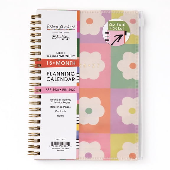 Blue Sky Brook Gossen 15 Month 2026-2027 Weekly and Monthly Academic Year Planner Calendar, April 2026 - June 2027, 5" x 8", Flexible Cover With Zip Pouch, Wirebound, Storage Pocket, Daisy Checkers