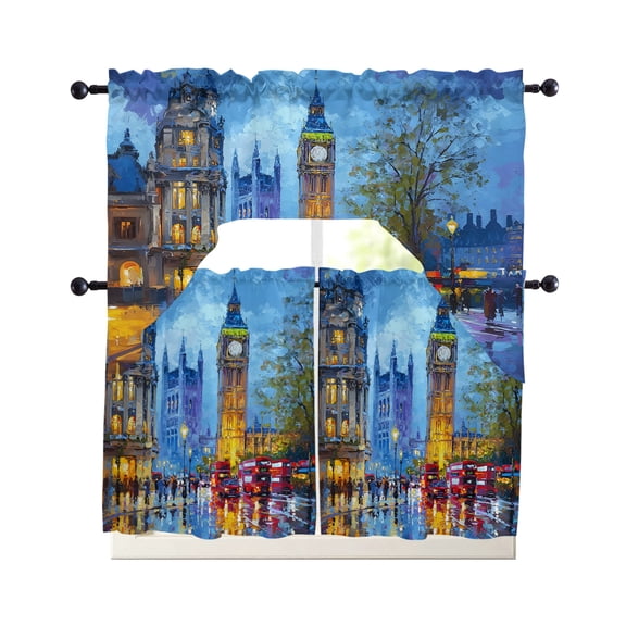 Blue Sky Building Kitchen Curtains Set for Windows 3 Piece Cafe Curtains 36 Inch Length Swag Curtains Valances and Tier Set Modern Art Drapes for Bedroom Bathroom Living Room