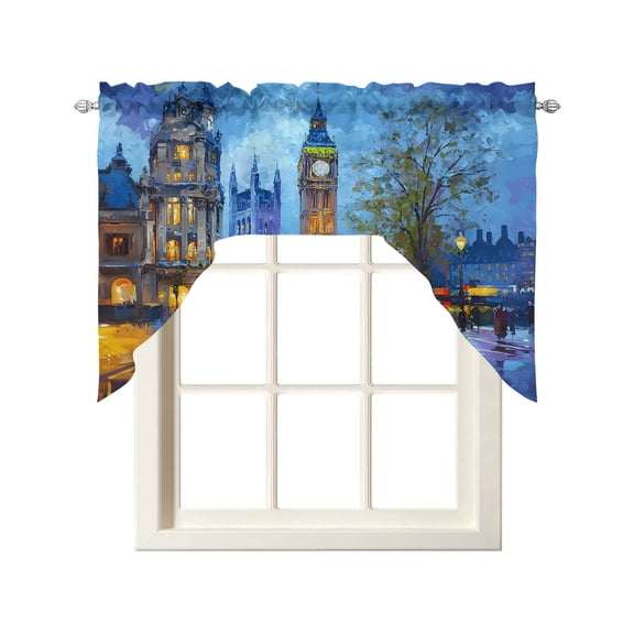 Blue Sky Building Swag Curtains for Kitchen Modern Art Valances for Windows Rod Pocket Small Window Treatment Short Topper for Cafe Bedroom Bathroom Living Room Decor 56x36 Inch