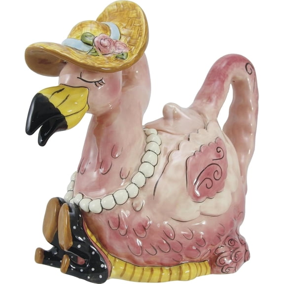 Blue Sky Ceramic Miss Precious Flamingo Teapot, 5.5"D x 9.5"W x 8.75"H, Pink