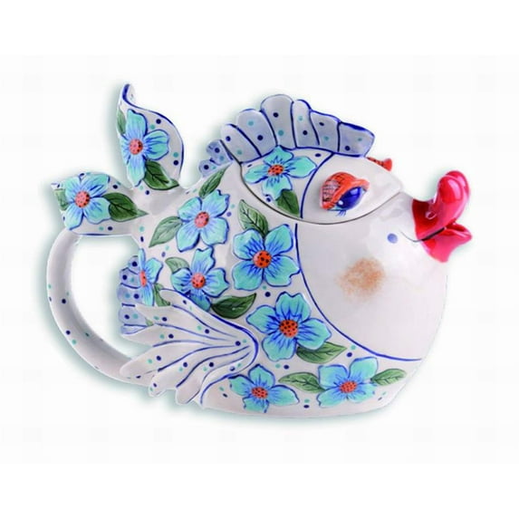Blue Sky Clayworks 13430 Blue Flower Fish Teapot, 7-inch Height