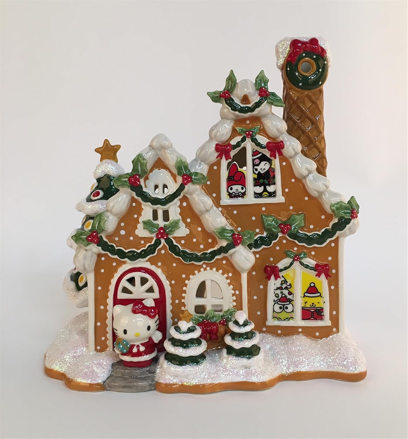 Blue Sky Clayworks Hello Kitty and Friends Warm Gingerbread Christmas Candle House, Light Brown, 9.75-inches Height, Home Holiday Decoration, Ceramic, 23202