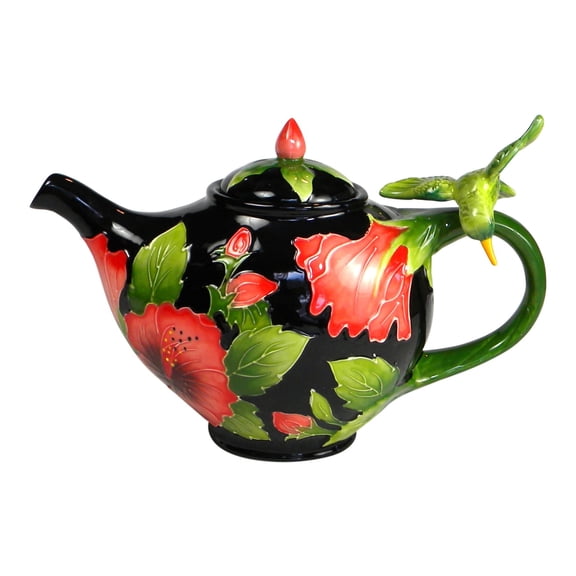 Blue Sky Clayworks Hibiscus and Hummingbird Ceramic Teapot