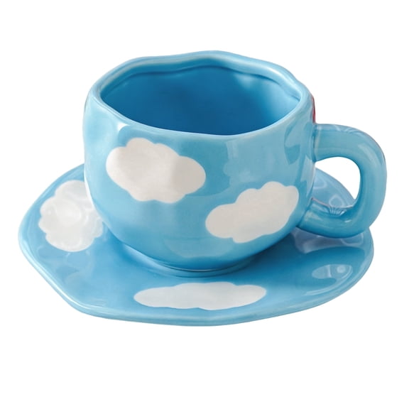 Blue Sky Cloud Ceramic Coffee Mug with Saucer, 350ml for Latte Tea & Milk