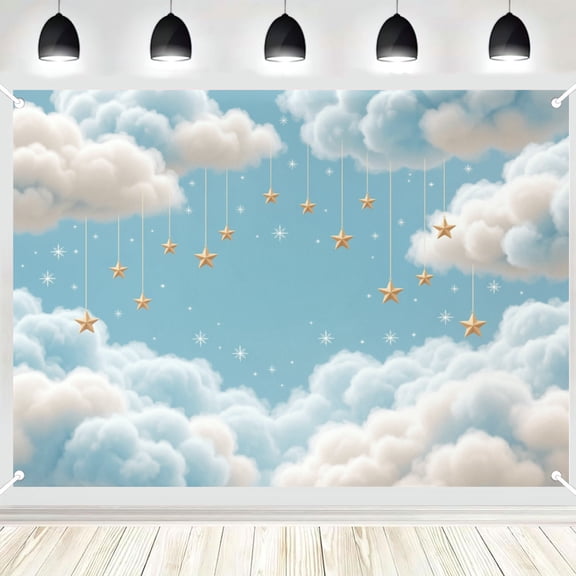 Blue Sky Cloud Hanging Star Photography Backdrop, Soft 3D Sky Star Photo Background for Newborn Baby Portrait & Nursery Decor 3x5ft